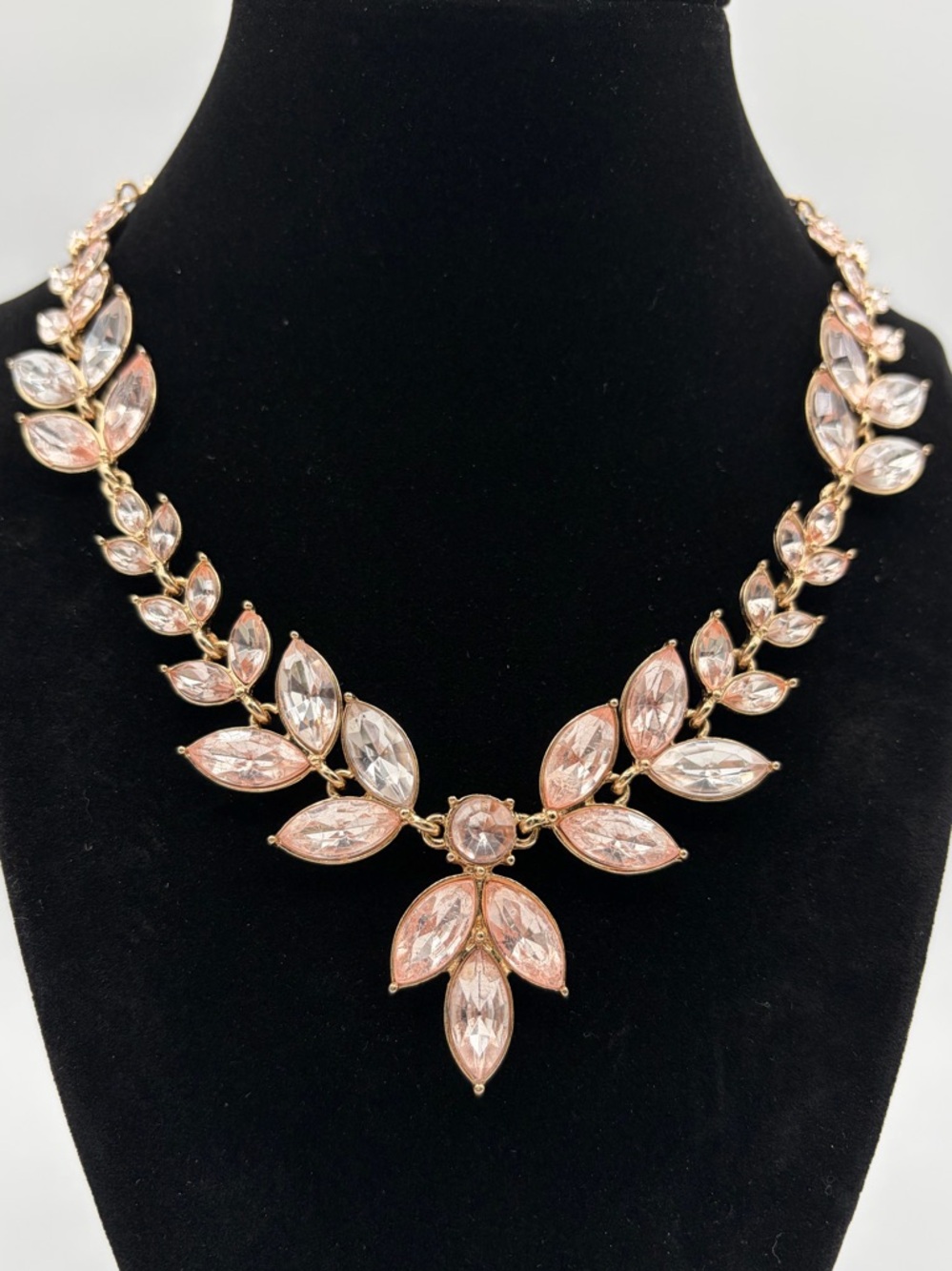 Blush Pink Crystal Statement Necklace Gold Tone Floral Bib Necklace Wedding